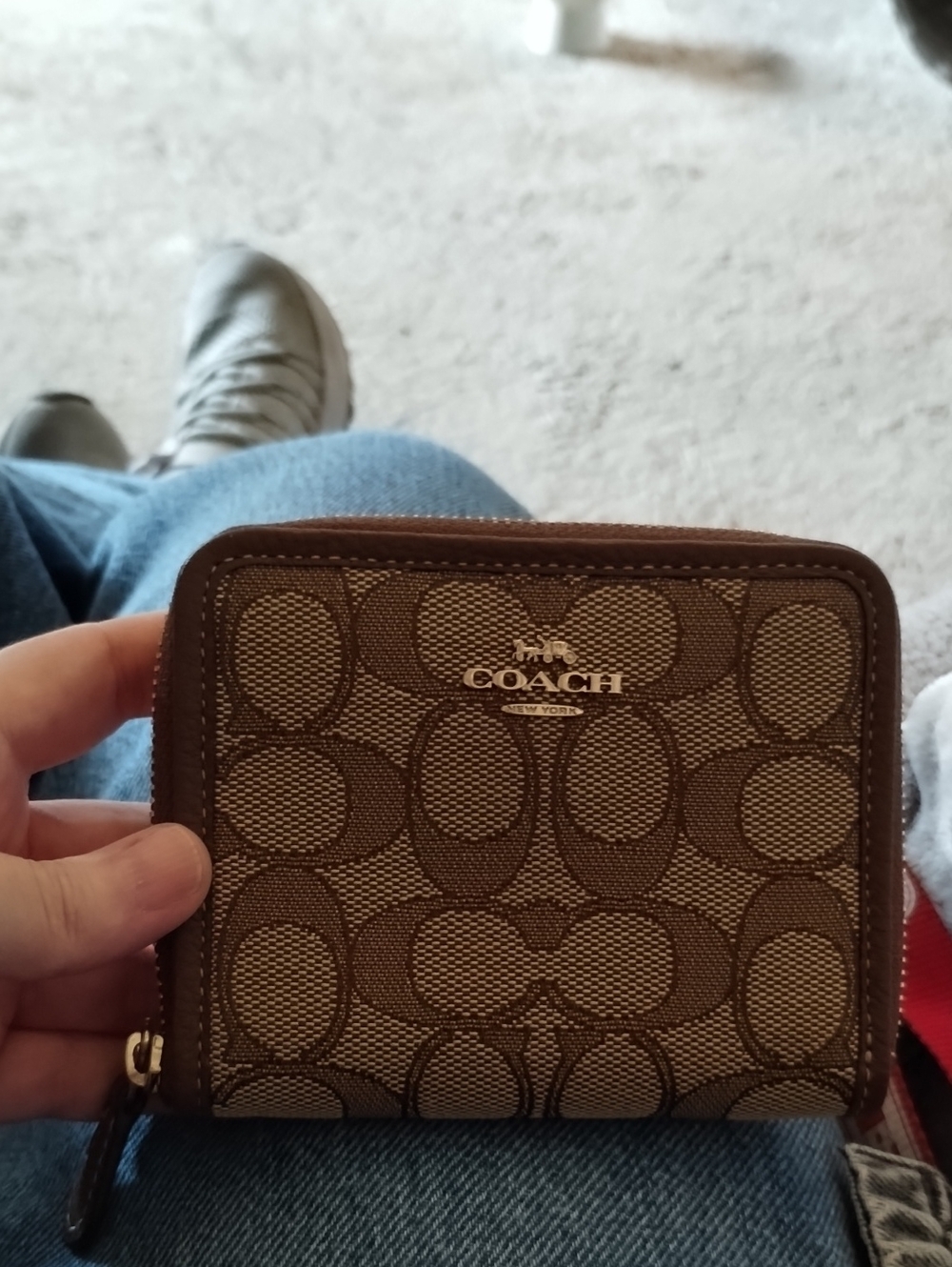 Coach Brown Jacquard Signature Monogram Zip Wallet